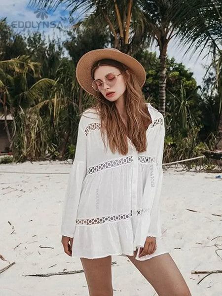 Women Swimsuit Cover Ups Mandarin Sleeve Kaftan Beach Tunic Dress Robe De Plage Solid White Pareo Beach Cover-Ups #Q429